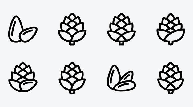 Pine cone and almond icon set simple line drawing style vector