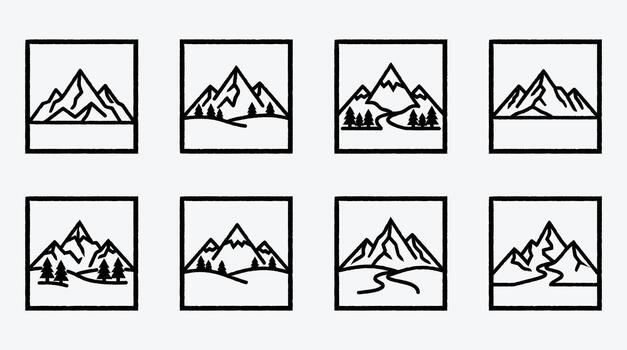 Mountain outline icons set in frames with nature elements design vector