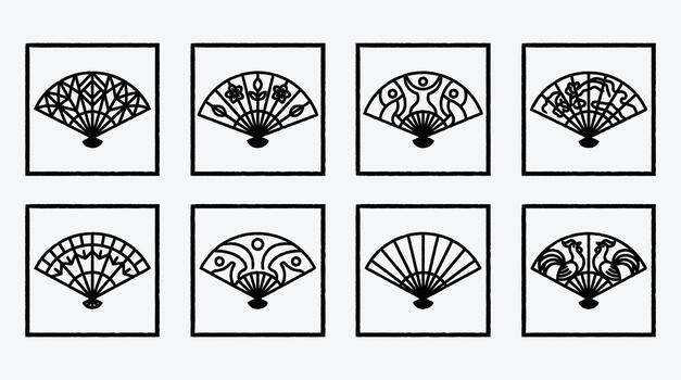 Collection of Decorative Fan Design Illustrations with Varied Patterns in Black and White vector