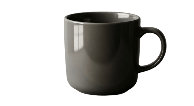 A sleek, empty dark gray ceramic mug with a smooth finish and a comfortable handle, isolated on a clean, bright background, perfect for various beverage presentations png