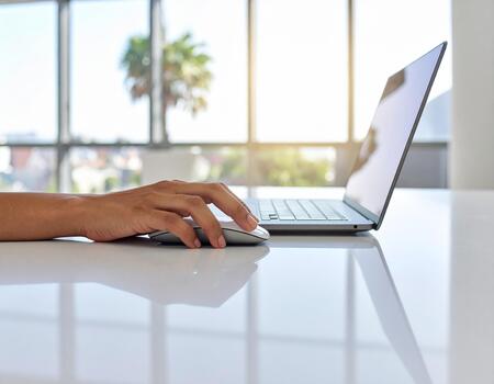 A person using a laptop computer with a mouse photo
