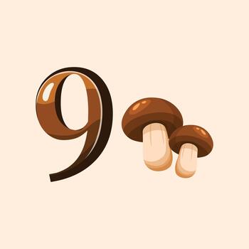 ilustración de el número nueve emparejado con hongos, ideal para numérico obra de arte, comida temas, y educativo diseño. vector