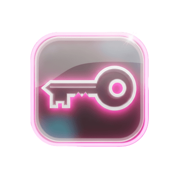 Vibrant neon pink and white key icon illustration, symbolizing secure access and digital solutions, presented on a glossy square button with a transparent background png