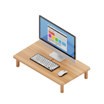 isometrische 3d geven van een modern bureaublad computer opstelling met een monitor, toetsenbord, en muis Aan een houten bureau, vertegenwoordigen een gestroomlijnd digitaal werkruimte png