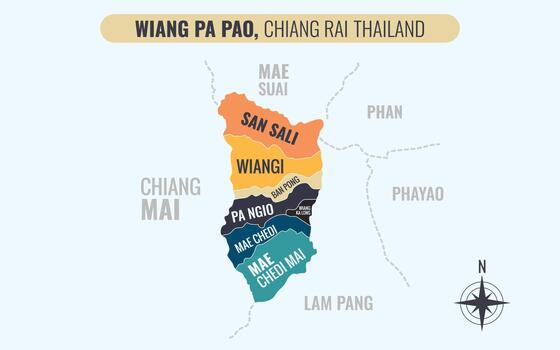 Map showing Wiang Pa Pao District Chiang Rai Thailand divided into sub-districts with minimalist colorful patterns vector