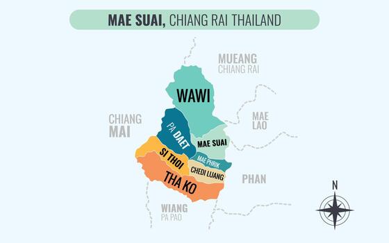 mapa demostración mae Suai distrito chiang rai Tailandia dividido dentro subdistritos con minimalista vistoso patrones vector
