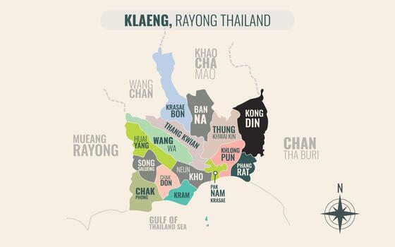 mapa demostración klaeng distrito Rayong Tailandia dividido dentro subdistritos con minimalista vistoso patrones vector