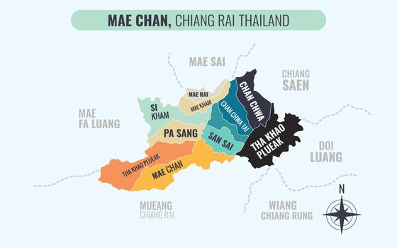 mapa demostración mae chan distrito chiang rai Tailandia dividido dentro subdistritos con minimalista vistoso patrones vector