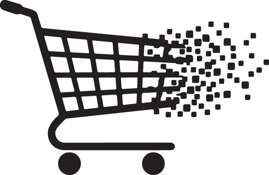 Online shopping cart icon digitally dissolving into small pixels, representing the transient nature of e-commerce and retail innovations. vector
