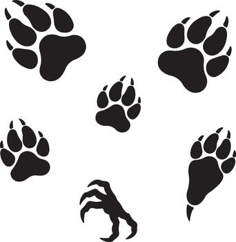Bear paw prints and monster claw marks illustration set, wildlife tracking and creature path graphic elements on white vector