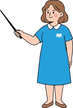 Female cartoon character teacher or presenter with a pointer stick, illustrating education, instruction, and guidance concepts clearly vector