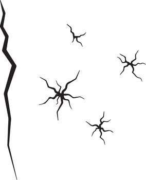 Realistic illustration of wall cracks, distressed surface texture, broken fissures spreading, grunge damage pattern isolated on clean background. vector