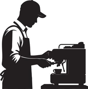 Silhouette illustration of a professional barista in an apron and cap, skillfully preparing espresso coffee using a modern machine in a cafe. vector
