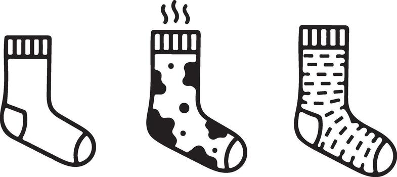 Varied outline sock illustrations includes a simple plain sock, a spotted smelly sock with odor lines, and a stylish patterned sock design. vector