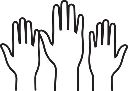 Outline of three raised hands, symbolizing active participation, voting, asking questions, reaching out, or agreement in a group setting vector