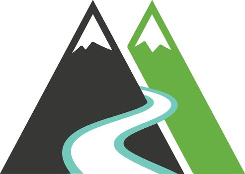 Stylized graphic illustration depicting two contrasting mountains with a winding river path between them, symbolizing journey and nature. vector