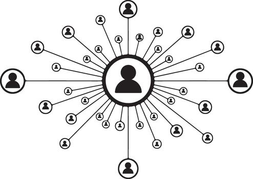 Central person icon connecting to numerous user icons, symbolizing a complex social or business network hierarchy, on a clean background. vector