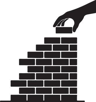 Hand placing a brick on a partially built wall, symbolizing construction, growth, effort, foundation, and building something new. vector