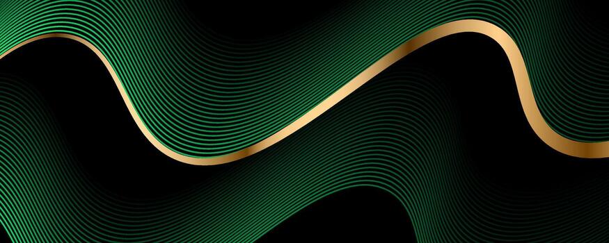 3D green luxury abstract background overlap layer on dark space with golden wave lines decoration. Modern graphic design element stripes style concept for web banner, flyer, card or brochure cover vector