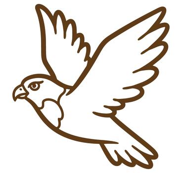 Brown outline drawing of a hawk flying with open wings in a dynamic pose illustration vector
