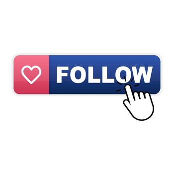 Follow button with hand and heart, click. vector