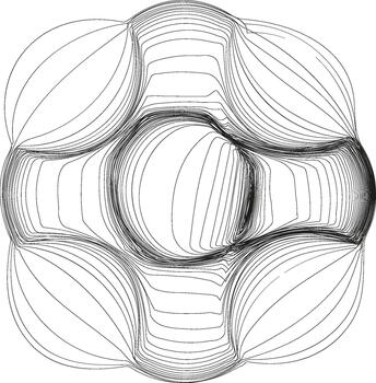 A design featuring a geometrically complex shape with intricate line work and layered patterns within a circular form. vector