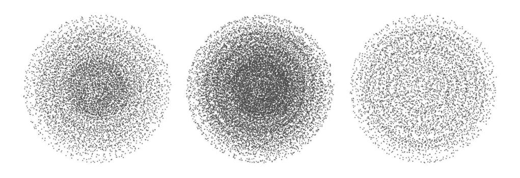 Set of abstract circles with grainy, sand stippled texture. Collection of circular shapes dotwork to create a noise gradient, perfect for retro shading or grunge design elements . Isolated vector