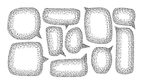 Black and white grunge grainy speech bubbles set. Stippling pencil charcoal speech labels collection with noise stipple dots texture. vector