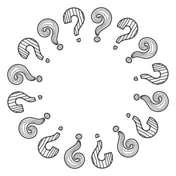 Circle doodle frame with hand drawn question marks pointing toward the center, sketch style for brainstorming, learning, curiosity themes and creative decoration. vector