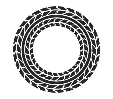 Circular tire tracks forming bold wheel shaped frame. Rough textured treads arranged in perfect ring shape, creating dynamic border. vector