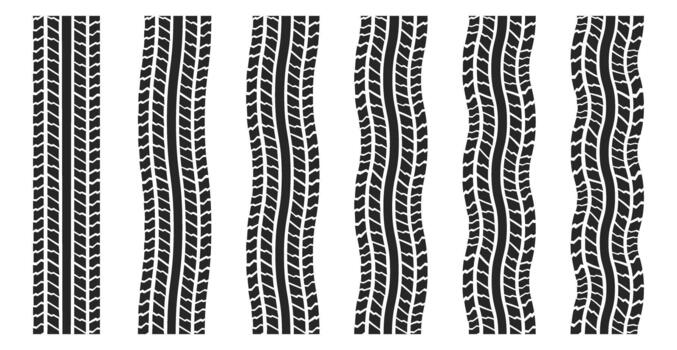 Set of tire tracks and treads in multiple shapes, illustration featuring curved and straight vector