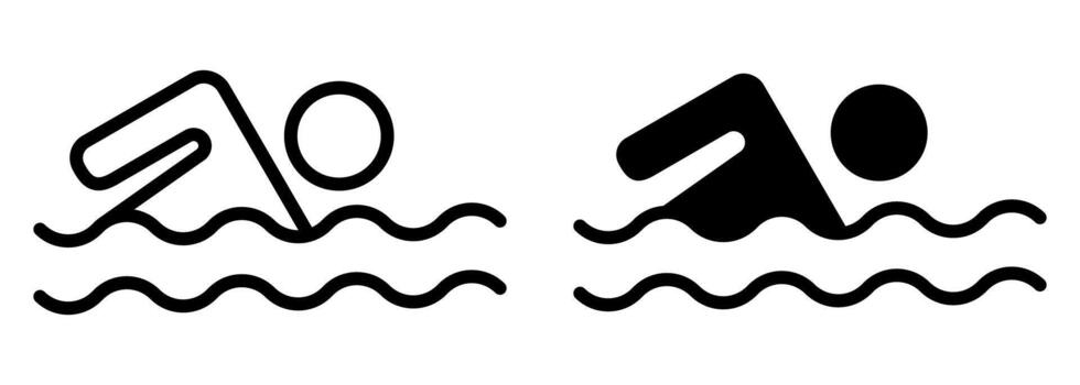 Swimming icons in outline style. Linear illustration of swimming signs, safety rules and prohibition symbols for beach zone and pool area. Simple line design for mobile apps and infographics. vector