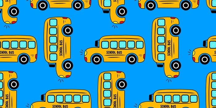Seamless pattern on blue background with school bus illustrations. Ideal for notebooks, stationery collections, textile projects and playful back to school designs. vector