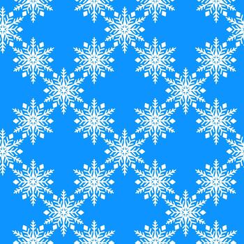 Seamless pattern with white snowflakes repeating geometric layout on blue background, illustration featuring winter themed elements. vector