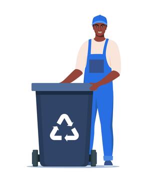 Garbage man in uniform with black trash bin and recycling symbol on it. Garbage sorting. Zero waste, environment protection concept. African worker. illustration. vector
