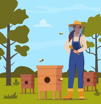 Beekeeper with beehives and bees vector