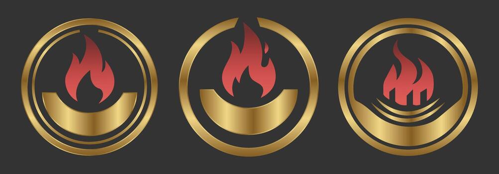Golden oval frames displaying red flames on a dark background abstract design vector
