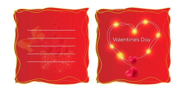 Valentine's Day greeting card template with glowing string light heart and realistic 3D red hearts vector