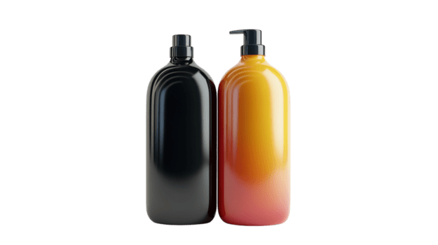 Due bottiglie di liquido sapone con un' pendenza design su un' trasparente sfondo in mostra contrastante colori. png