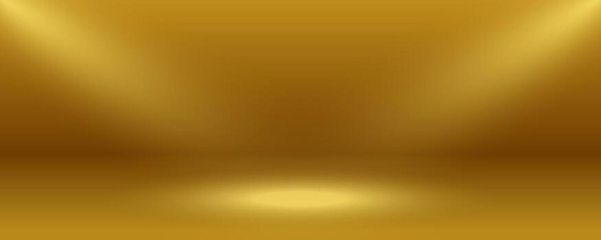 Luxury gold gradient studio room background with soft spotlight glow. Empty 3D metallic golden wall and floor scene backdrop for product display. Editable illustration. vector
