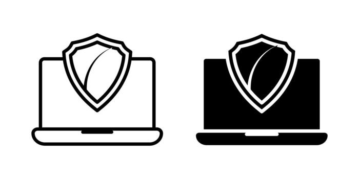 Shielded Laptop icon set. Illustration of a laptop computer with a shield icon overlaying the screen, symbolizing digital security and protection. illustration on white background vector