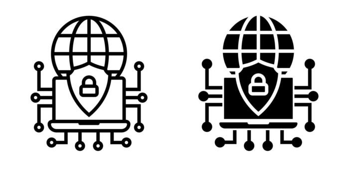 seguro conexión icono colocar. icono presentando un globo, un proteger con un cerrar con llave, y un computadora portátil, representando ciber seguridad y datos proteccion. ilustración en blanco antecedentes. vector