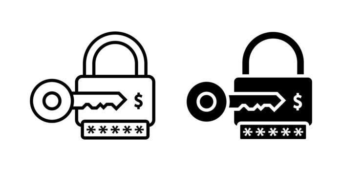 Security Token icon set. A simple and elegant flat icon illustration of a padlock with a key inserted, featuring a dollar symbol, representing security, finance, and protection of assets. vector