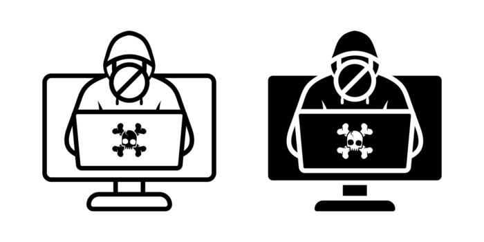 Threat Blocked icon set. illustration of a hacker figure sitting in front of a laptop on a computer screen. Illustrates the concept of cybercrime, internet security and unauthorized access to data. vector