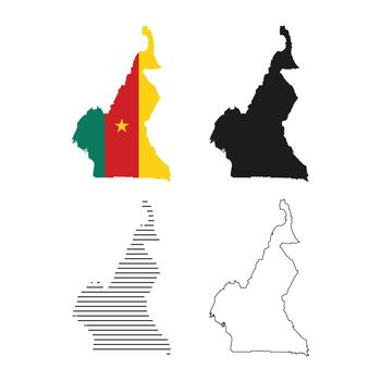 Cameroon map with flag, solid silhouette, striped, and outline styles for geographical graphics and identity concept vector