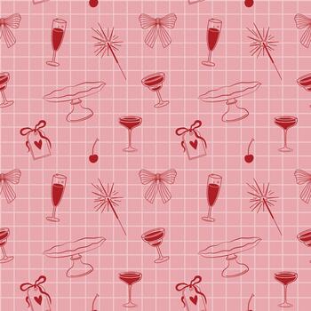 Hand-drawn seamless pattern with Christmas party elements such as sparkler, cocktails and bow in red color vector