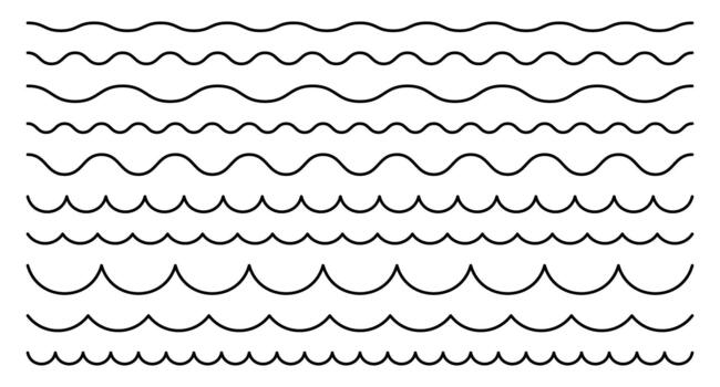 Line wave with a corrugated pattern. Horizontal squiggle border. Curved undulate stripes. Geometric nautical set of elements. vector