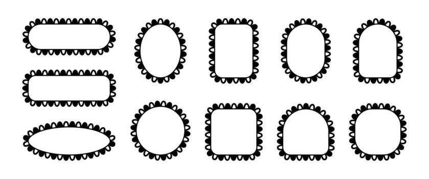 Frames scallop edge. Lace borders with pattern. Set of illustrations with decorative ornament. Empty black templates for design. vector