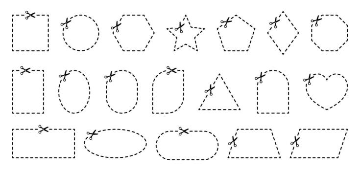 Scissor cut lines for coupon. Dash border for rectangle, circle, and square. Dotted frame with outline. vector