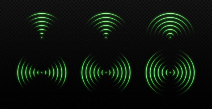 Sound wave and radar light. Wi-Fi signal with laser neon glow. Scanning network or field. Set of elements on transparent background. vector